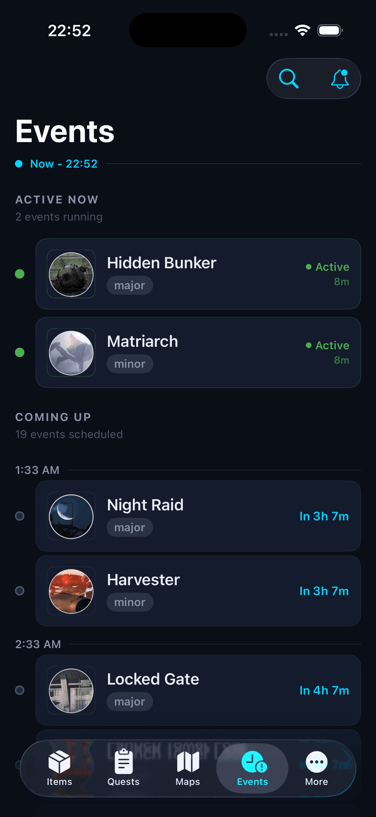 Arc Raiders Live Event Schedule with countdown timers