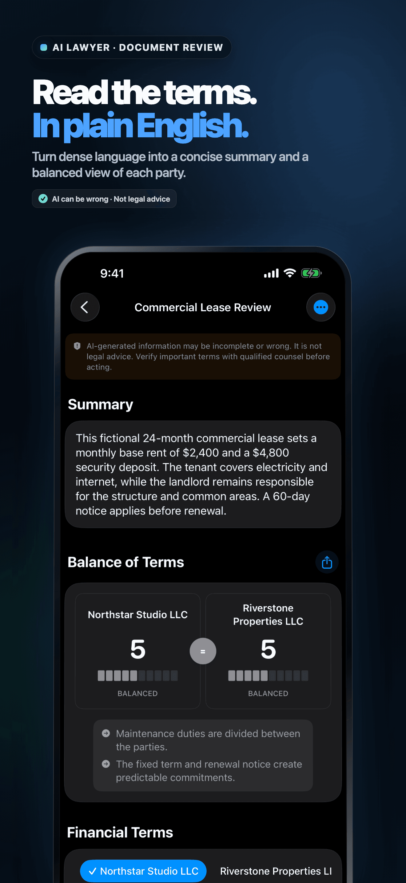 AI Lawyer fictional commercial lease summary and balance of terms on iPhone