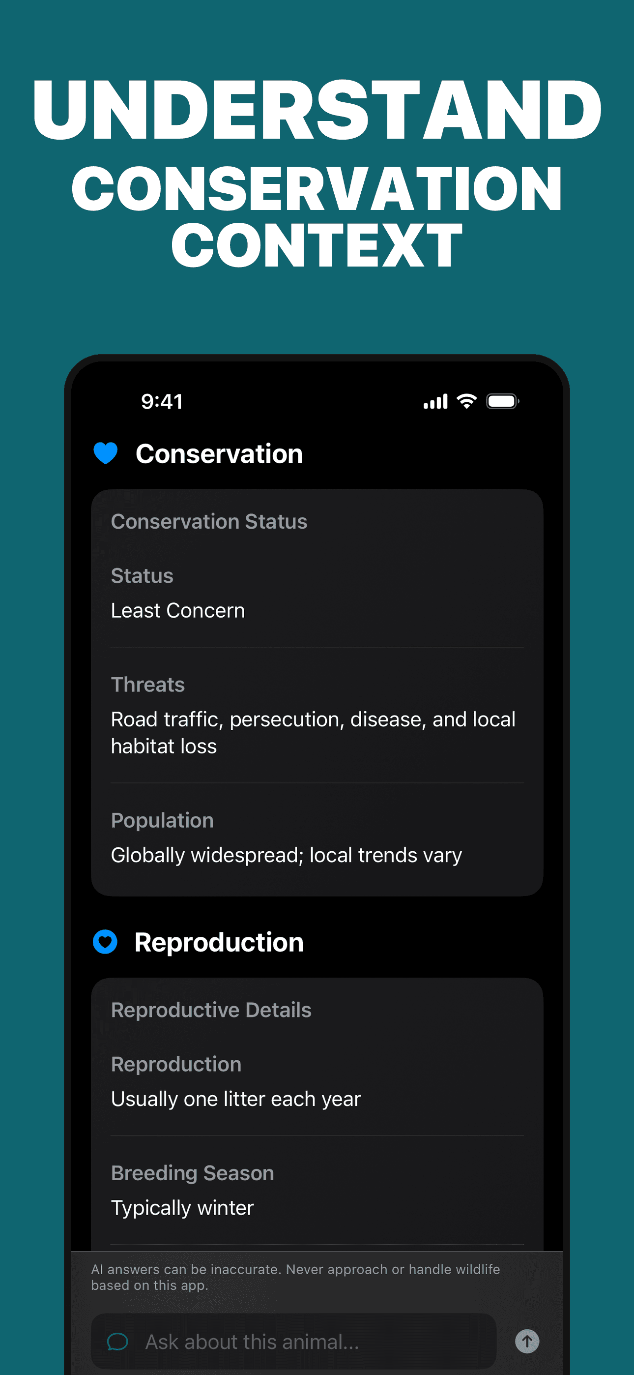Animal Identifier conservation context for a possible wildlife match on iPhone