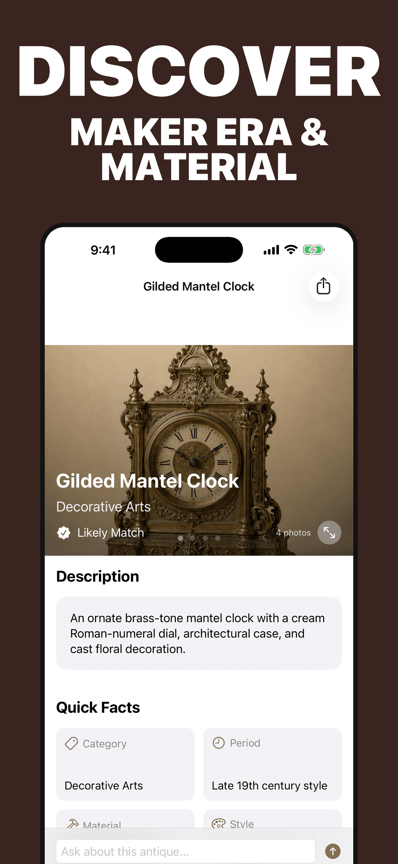 Antikr result organizing likely object type era material style and visible clues on iPhone