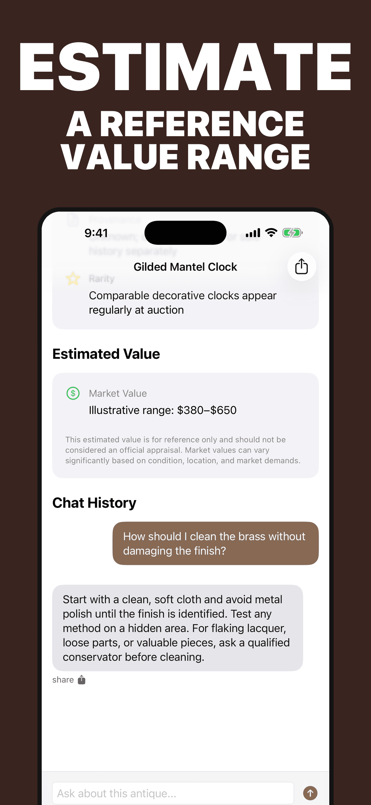 Antikr illustrative reference value range with a visible not-an-appraisal disclaimer on iPhone