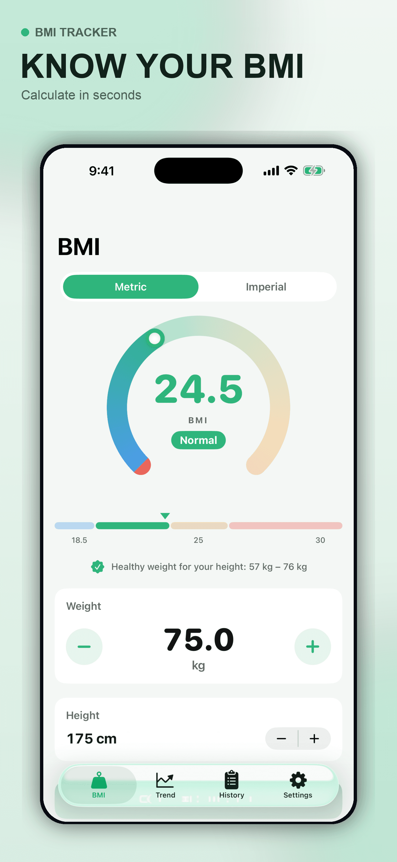 BMI Tracker adult BMI calculator with metric measurements and a screening category gauge on iPhone
