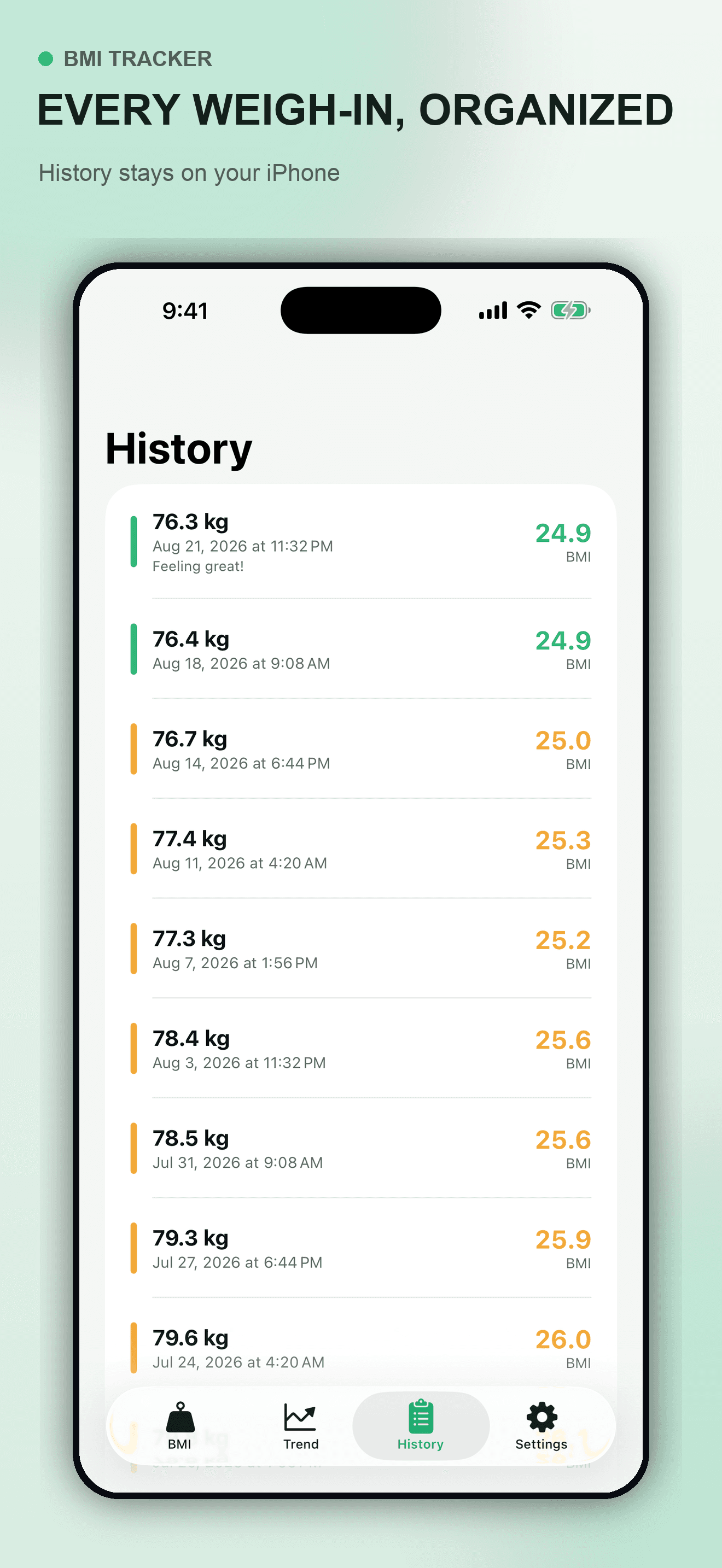 BMI Tracker dated local weigh-in history on iPhone