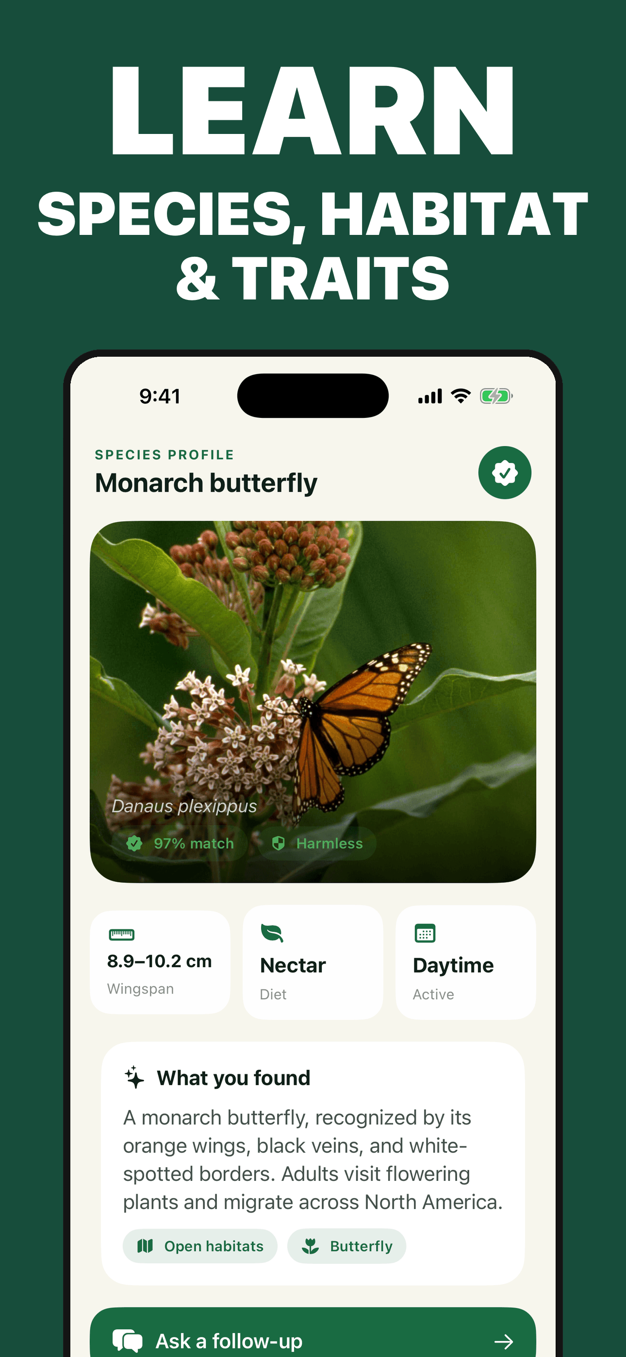 Bug Identifier species profile organizing visible traits habitat and behavior on iPhone