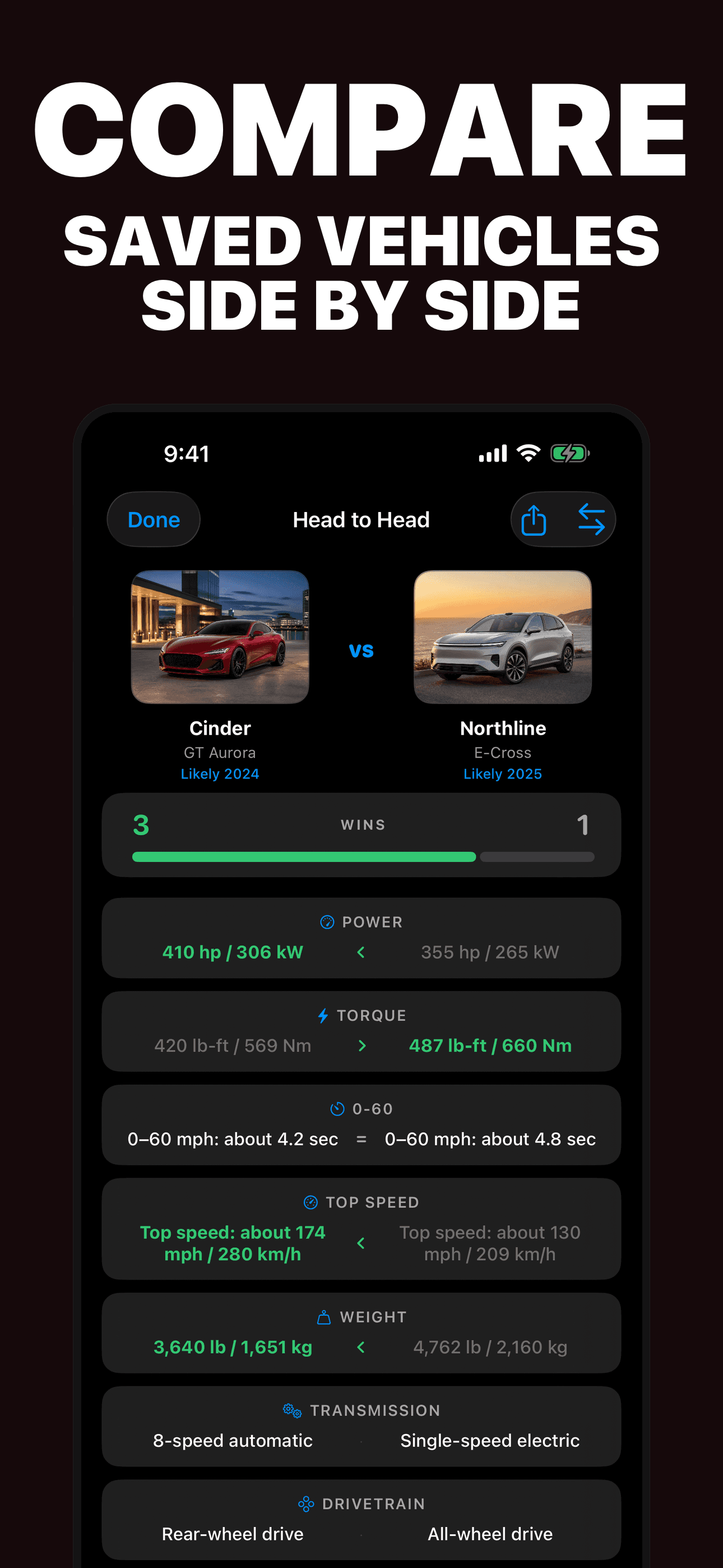 Car Identifier side-by-side saved vehicle comparison on iPhone