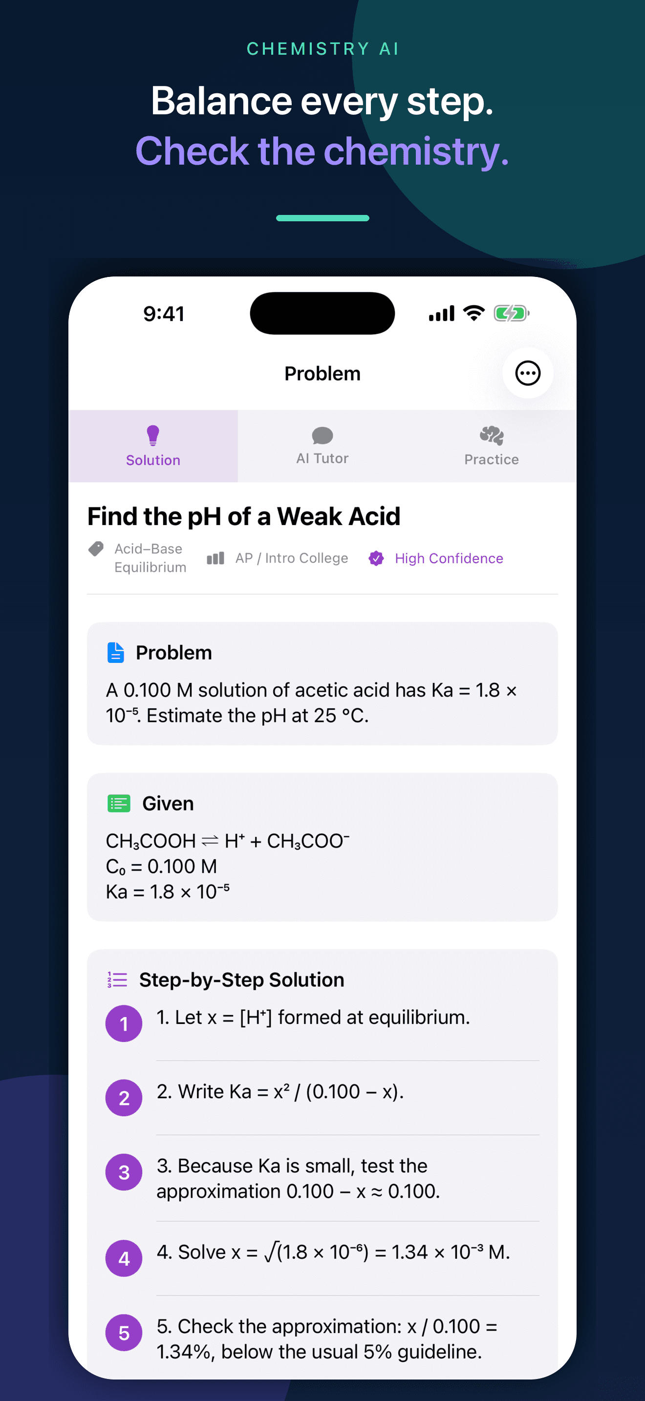 Chemistry AI worked weak-acid pH solution on iPhone