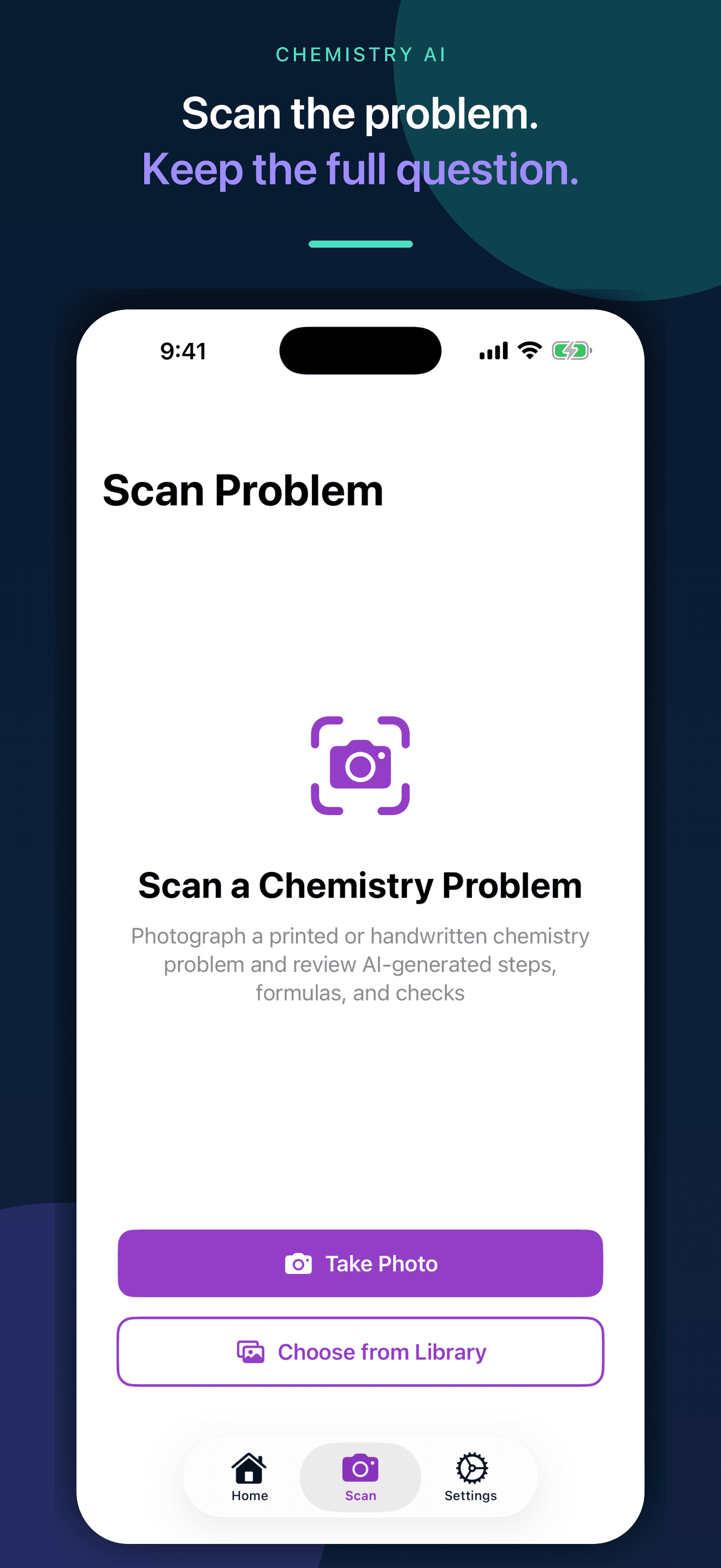 Chemistry AI photo scanner prepared to capture a complete chemistry problem on iPhone