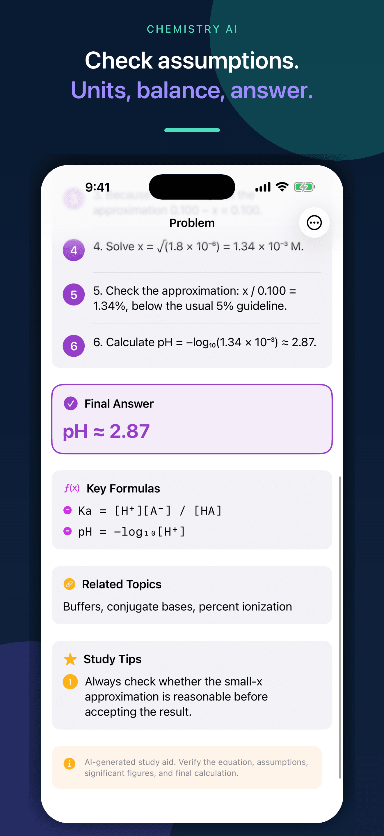 Chemistry AI equation, unit, assumption, and reasonableness checks on iPhone