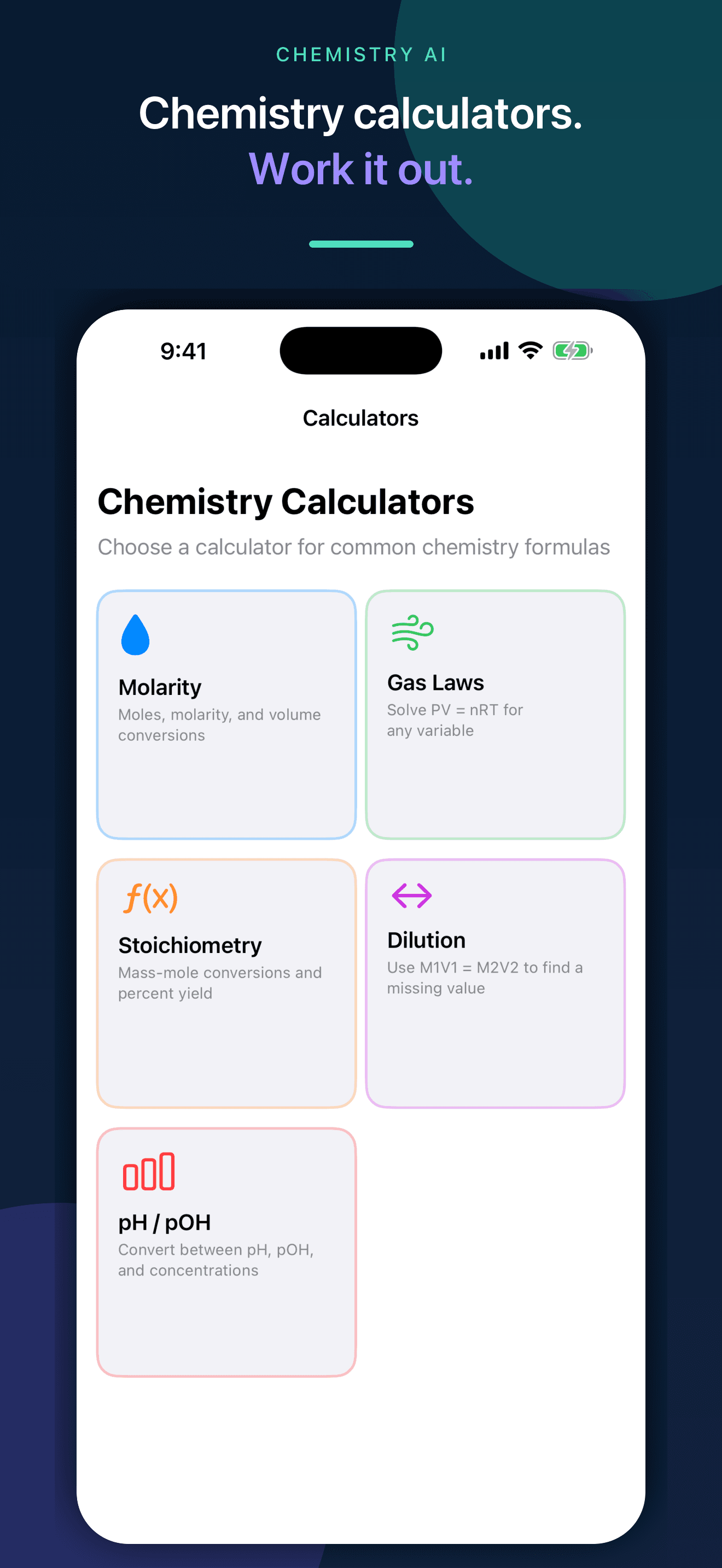 Chemistry AI molarity, stoichiometry, gas-law, dilution, and pH calculators on iPhone
