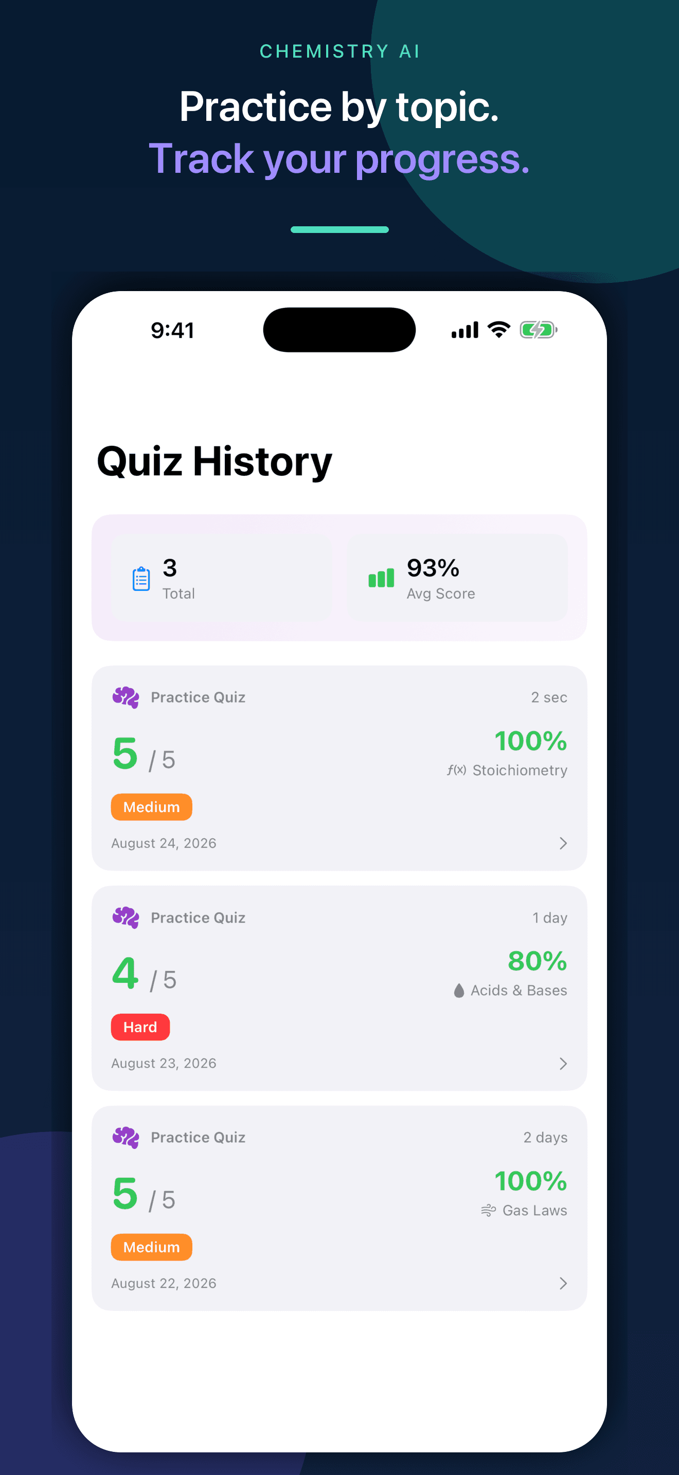 Chemistry AI quiz scores and practice history on iPhone