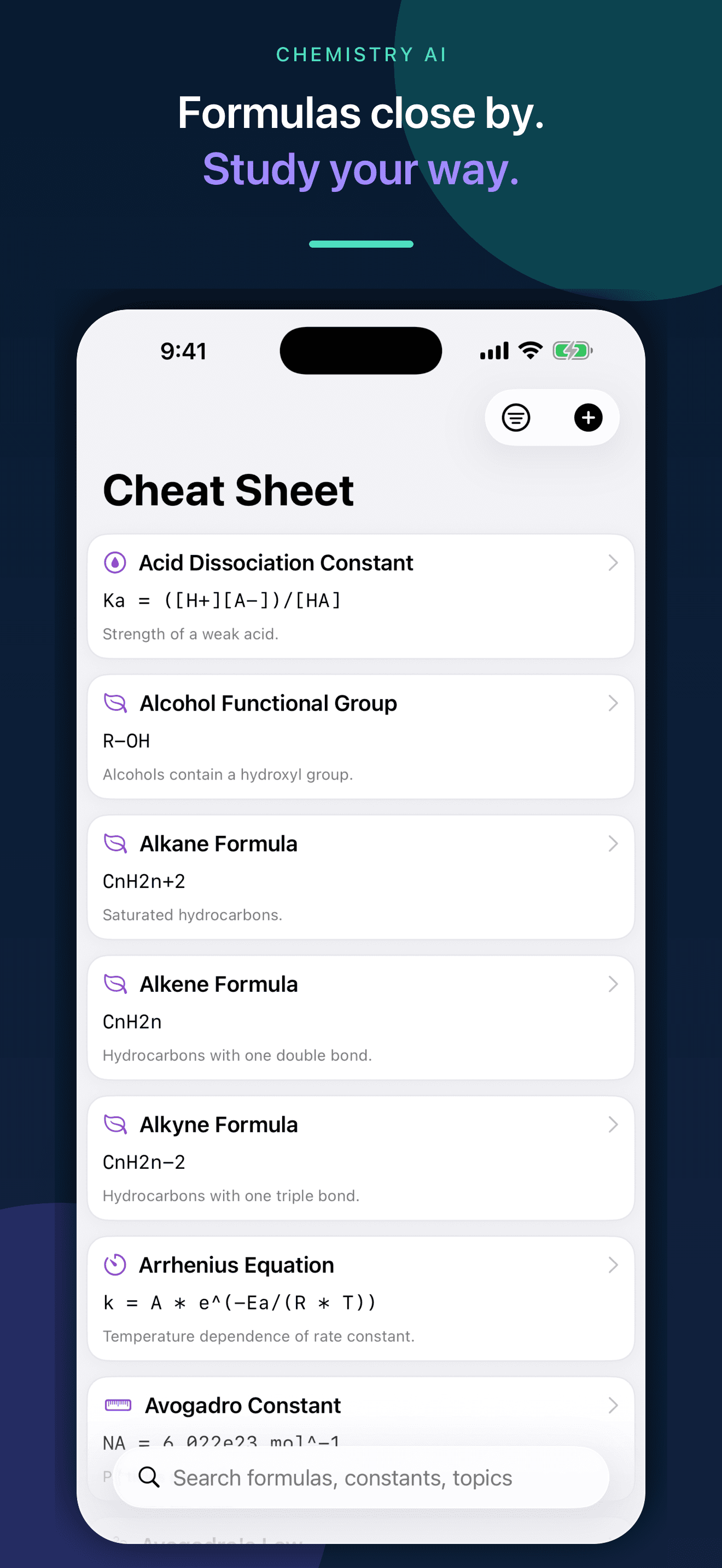 Chemistry AI study toolkit with tutor, quizzes, flashcards, calculators, and references on iPhone