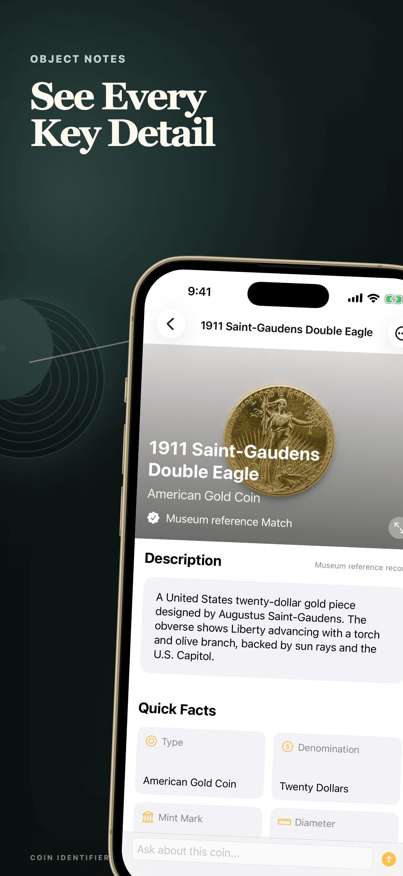 Coin Identifier type, denomination, mint, and date details on iPhone