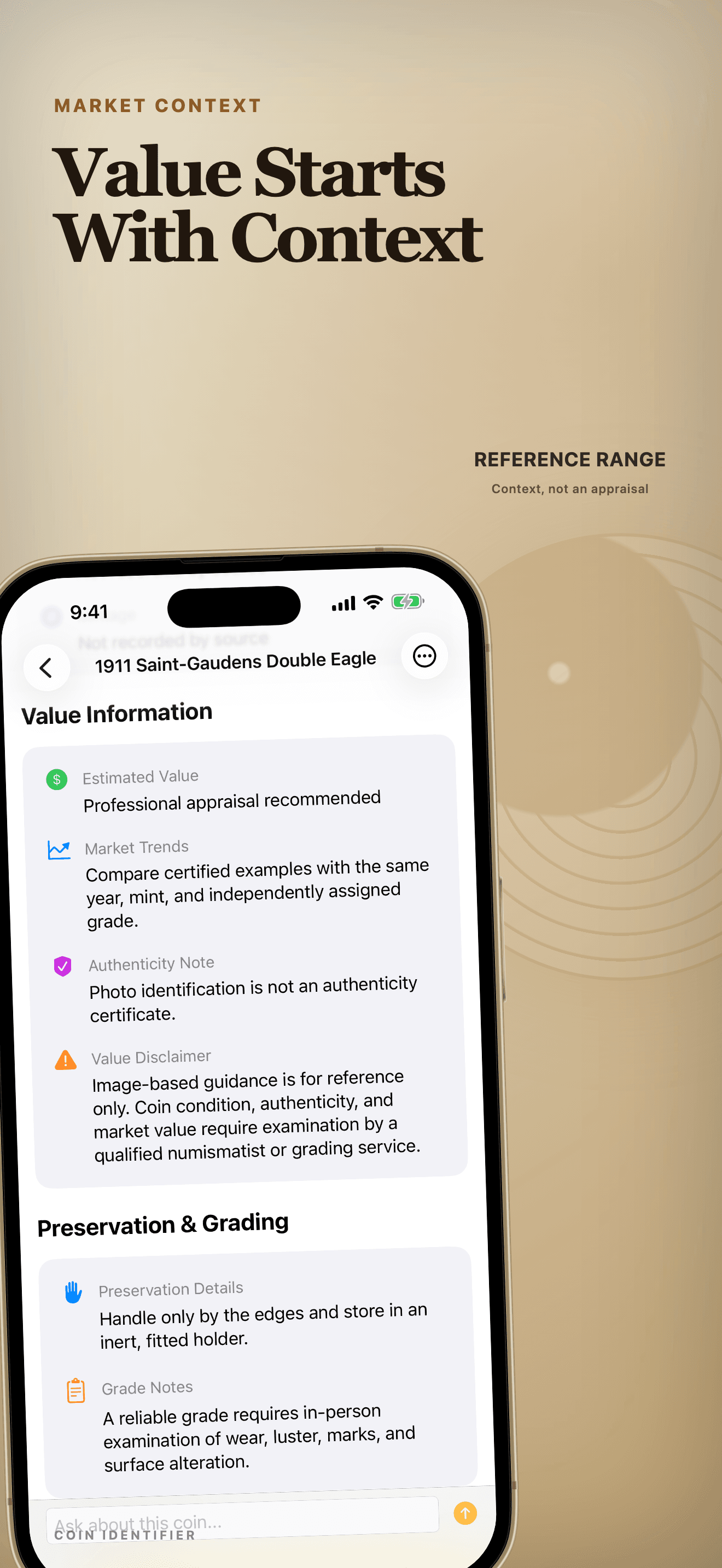 Qualified coin condition and value context in Coin Identifier on iPhone