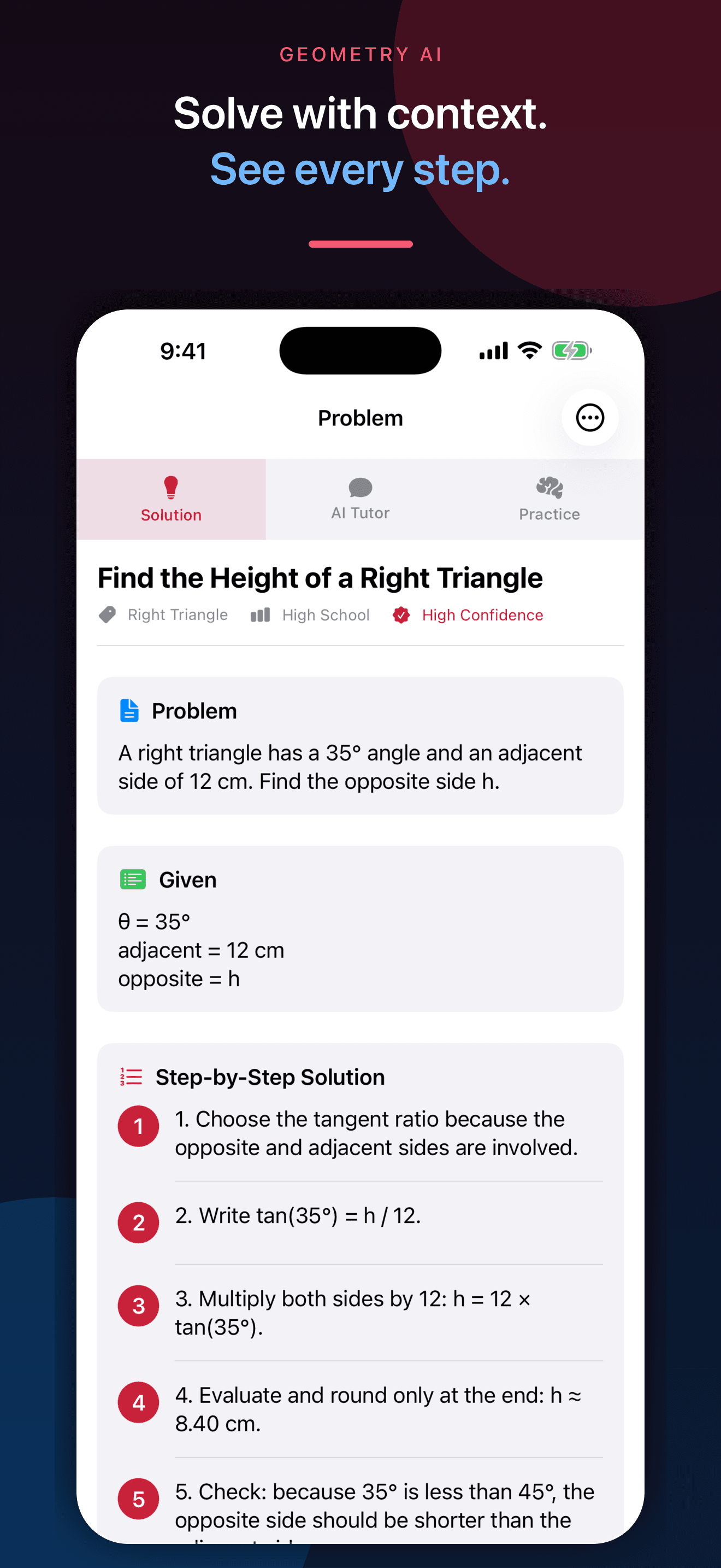 Geometry AI worked circle-chord solution on iPhone