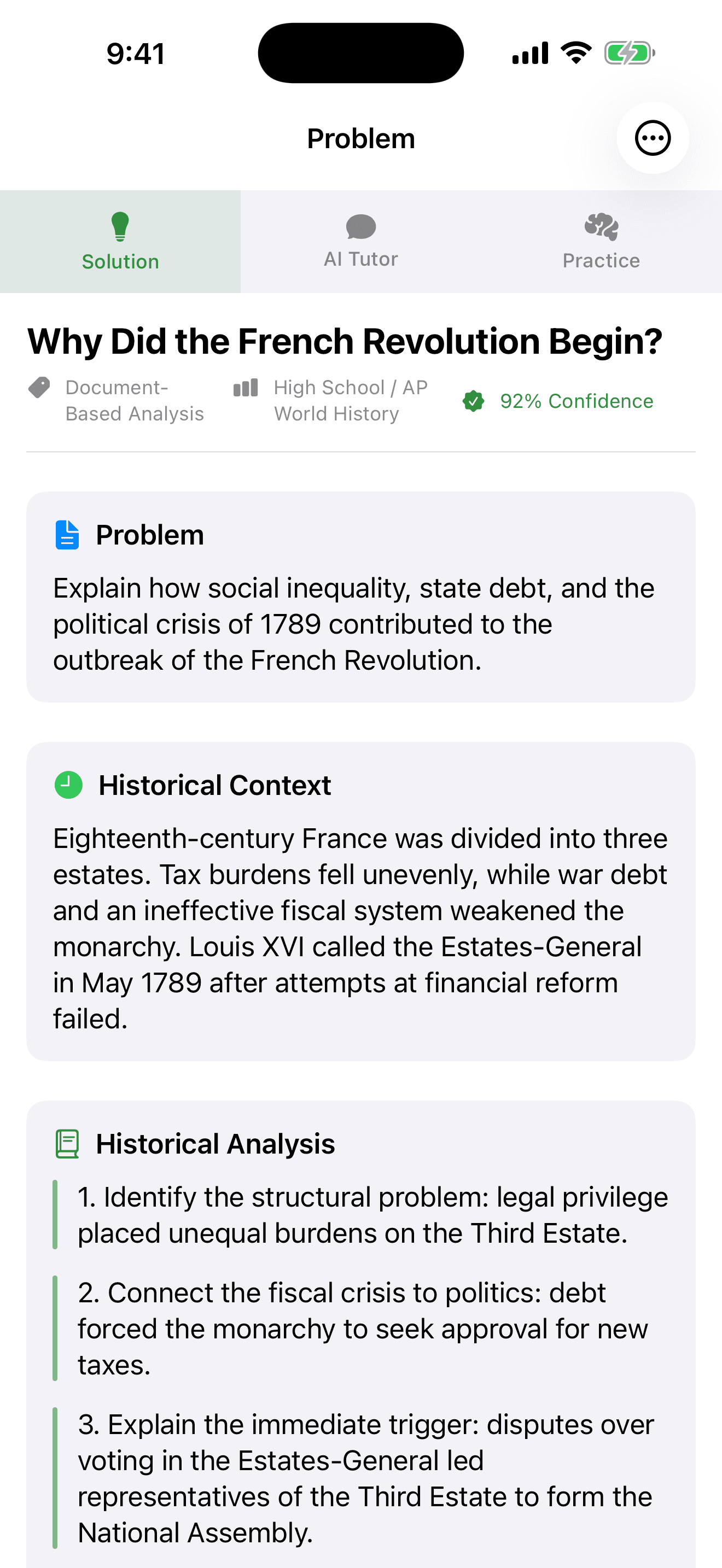 History AI structured French Revolution analysis on iPhone