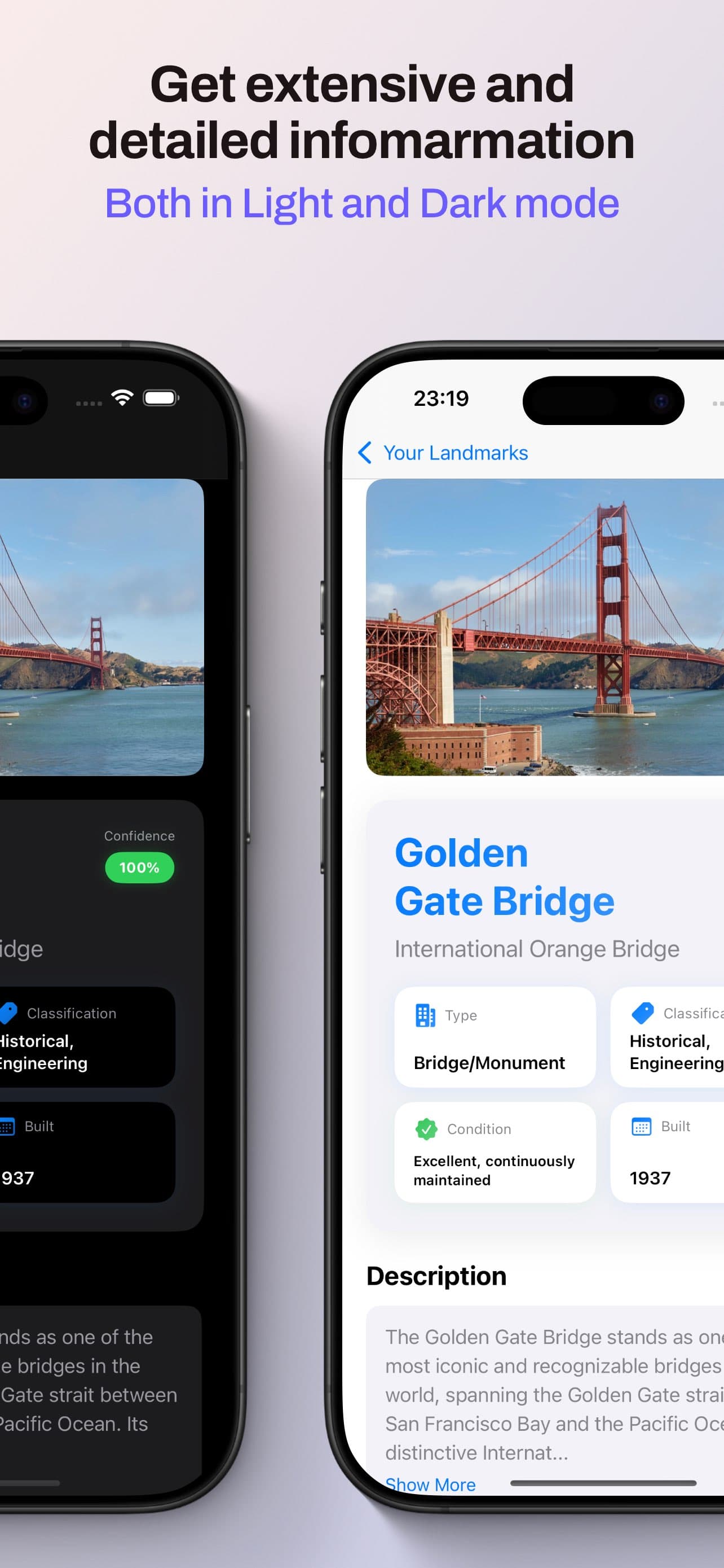 Landmark Identifier suggested Golden Gate Bridge match on iPhone