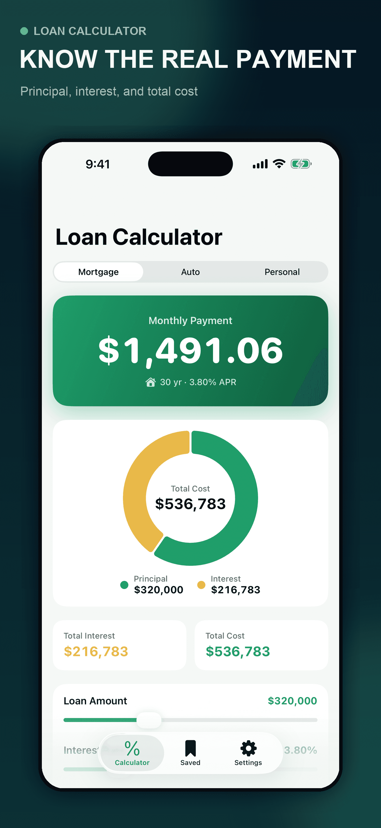 Loan Calculator estimated monthly payment total interest and total cost on iPhone