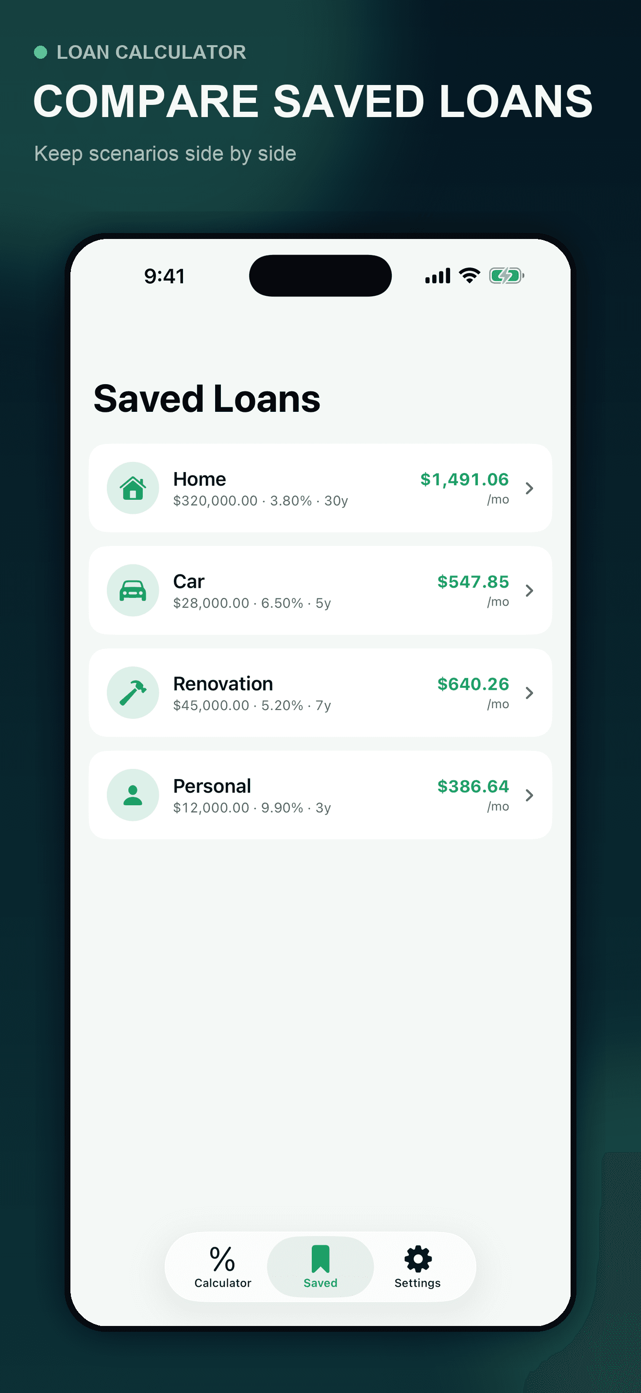 Loan Calculator locally saved loan scenarios for comparison on iPhone