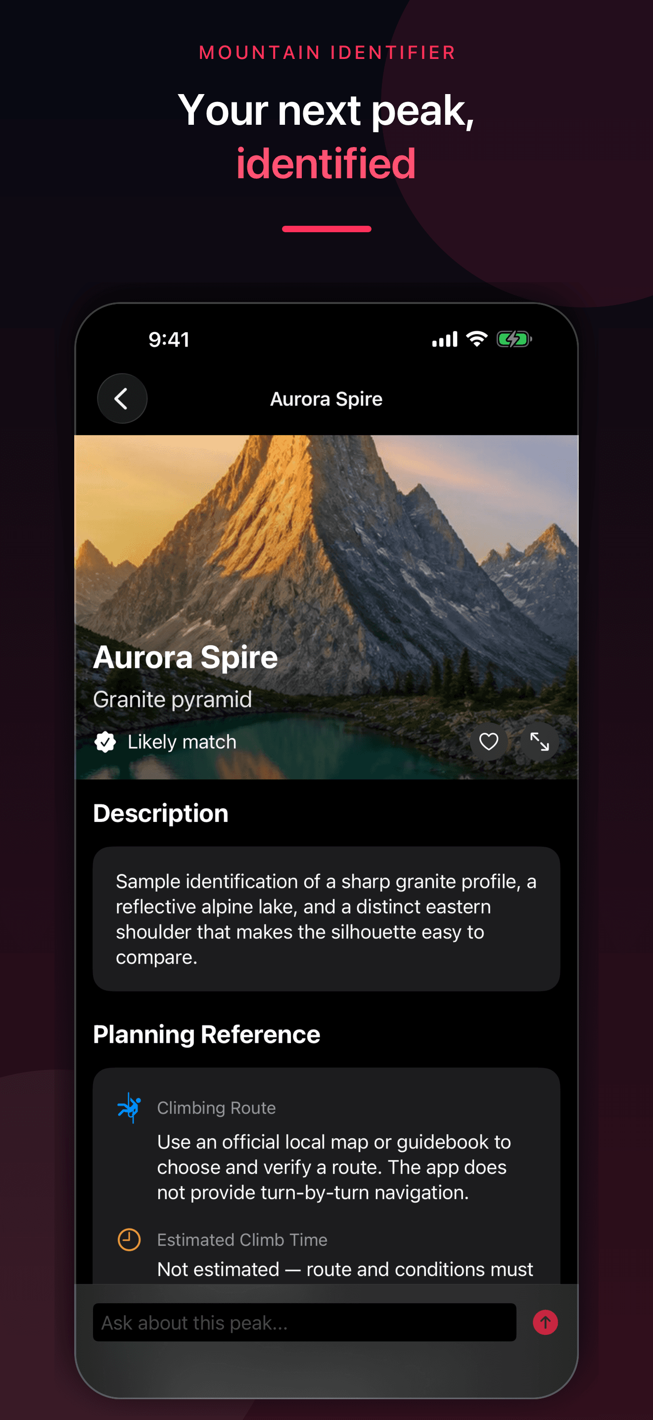 Mountain Identifier likely Aurora Spire match on iPhone