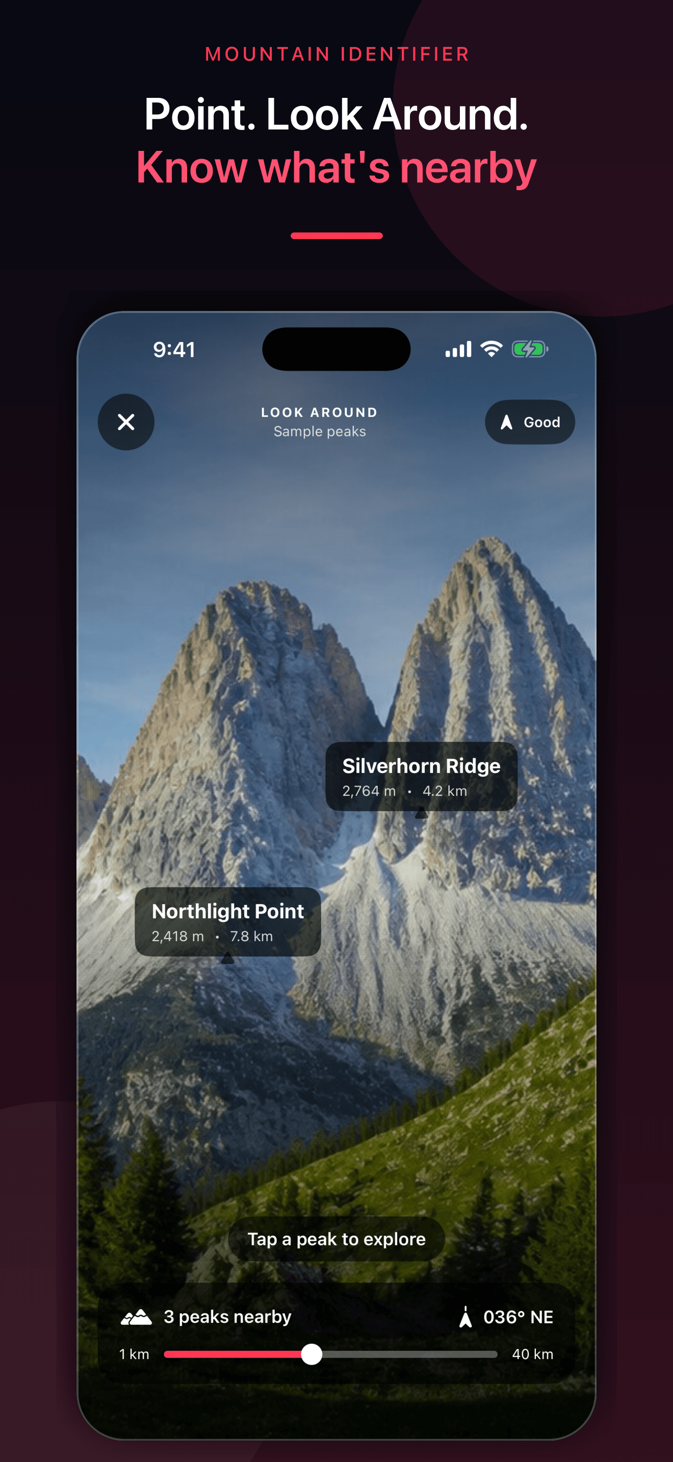 Mountain Identifier Look Around view with approximate nearby peak labels on iPhone