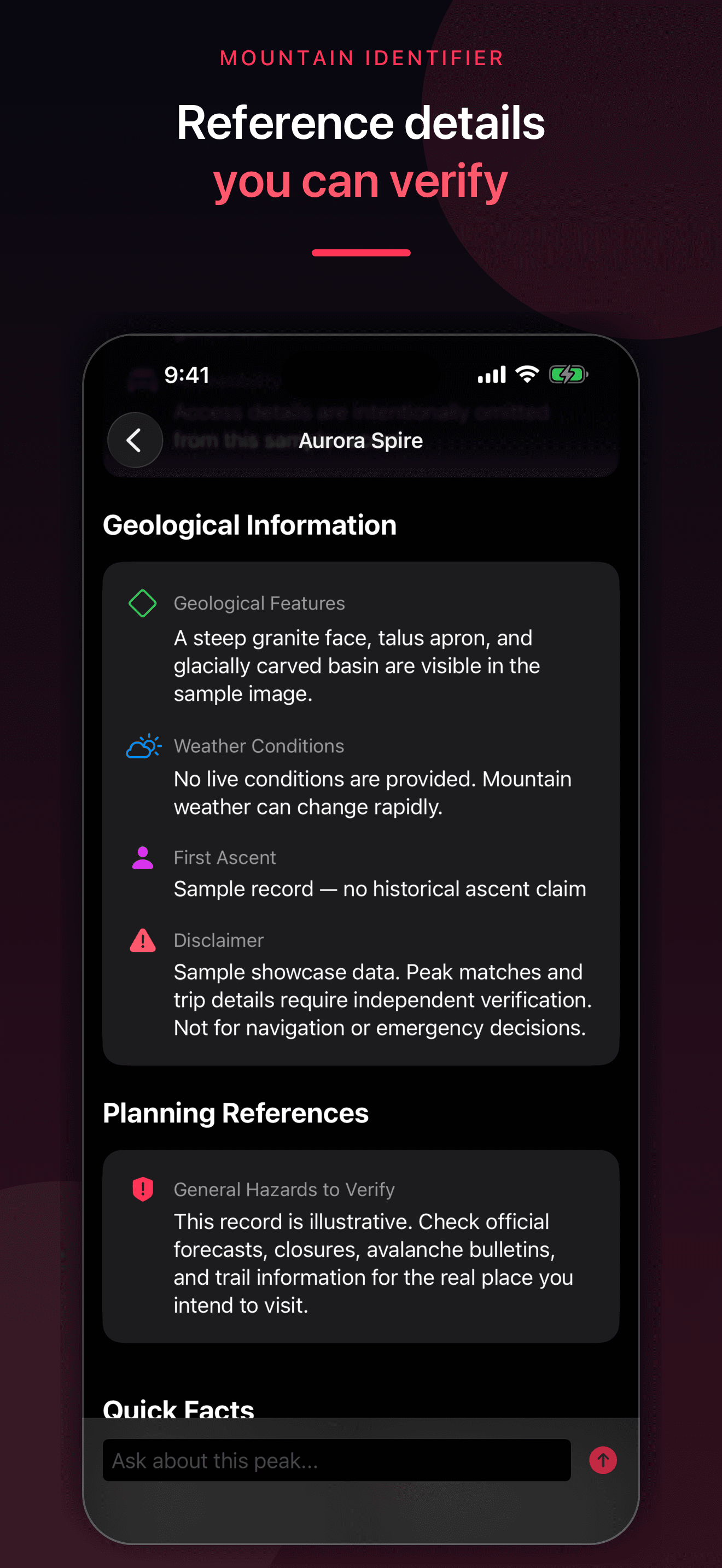 Mountain Identifier geology and reference details on iPhone