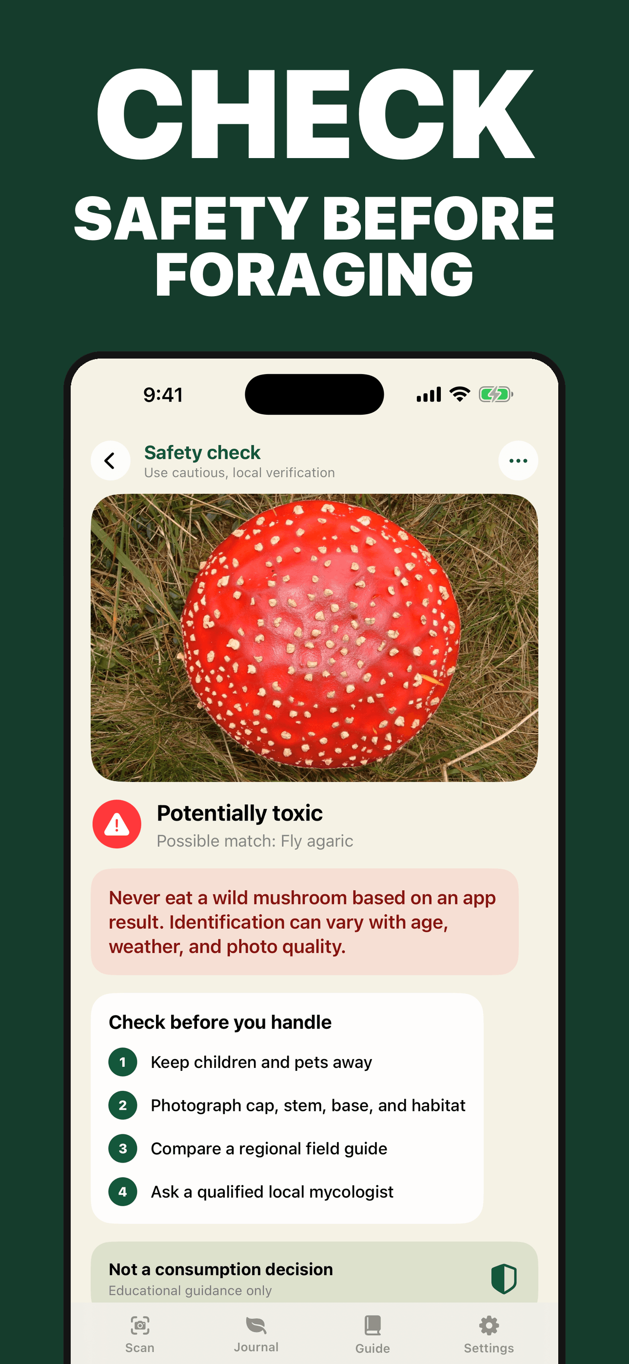 Mushroom Identifier safety warning and look-alike check on iPhone
