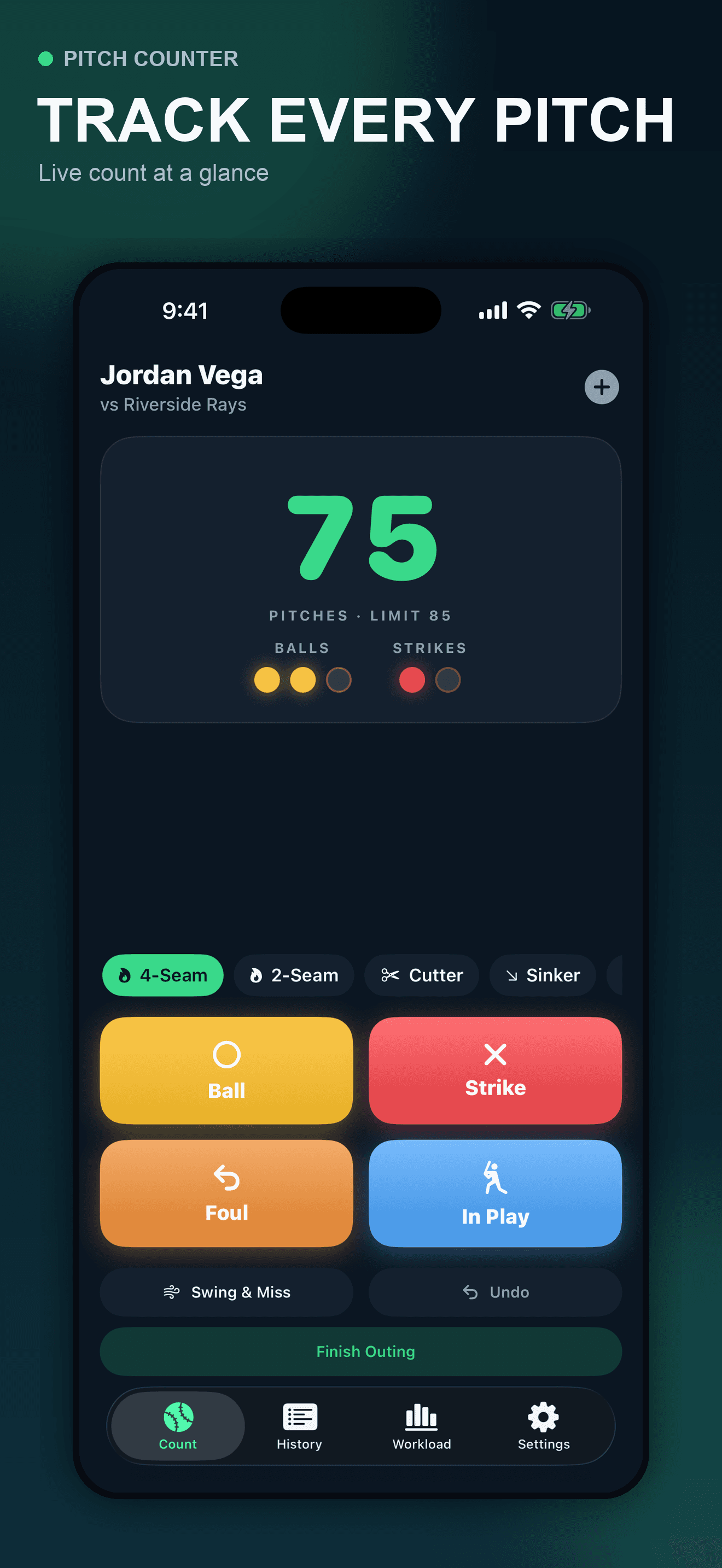 Pitch Counter live baseball pitch counting screen on iPhone