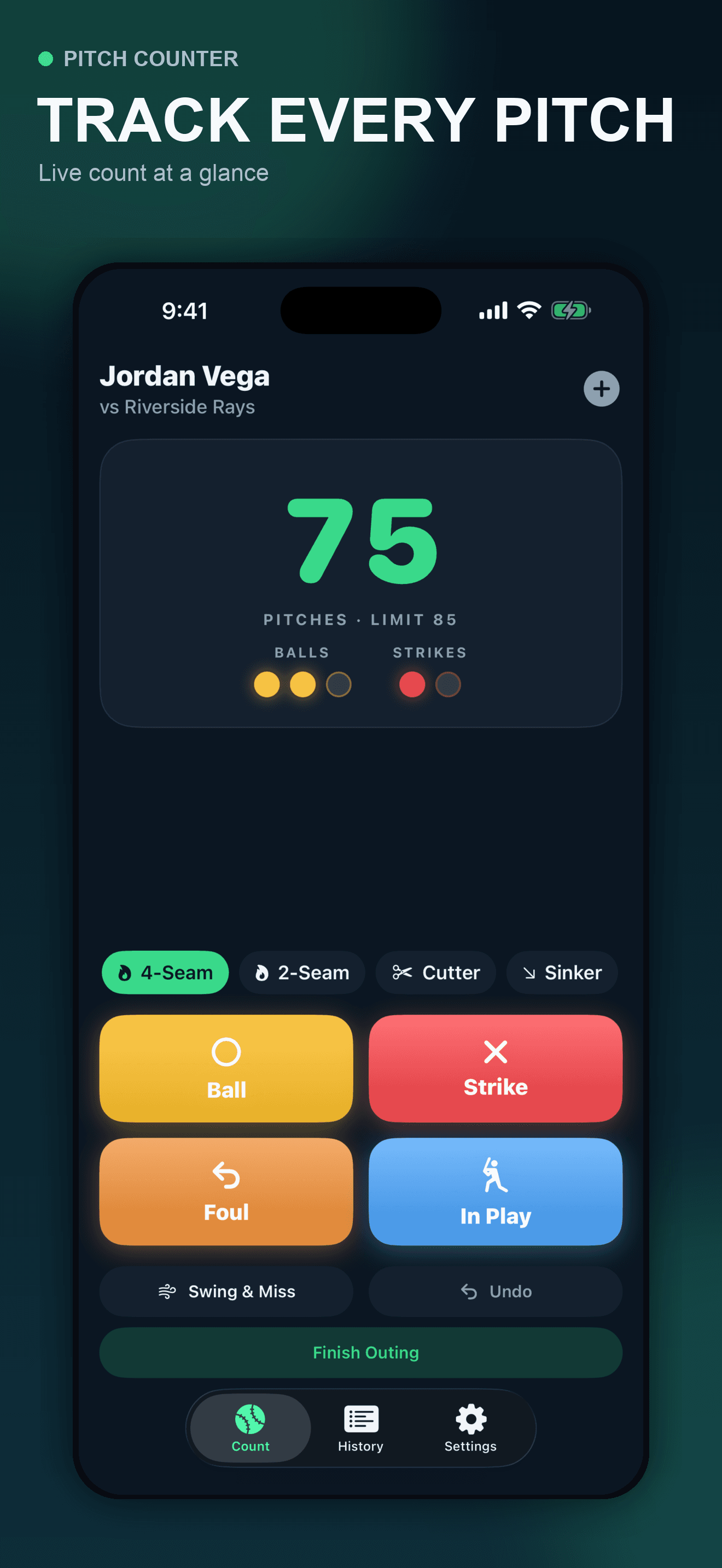 Pitch Counter live baseball pitch counting screen with result and pitch-type controls on iPhone