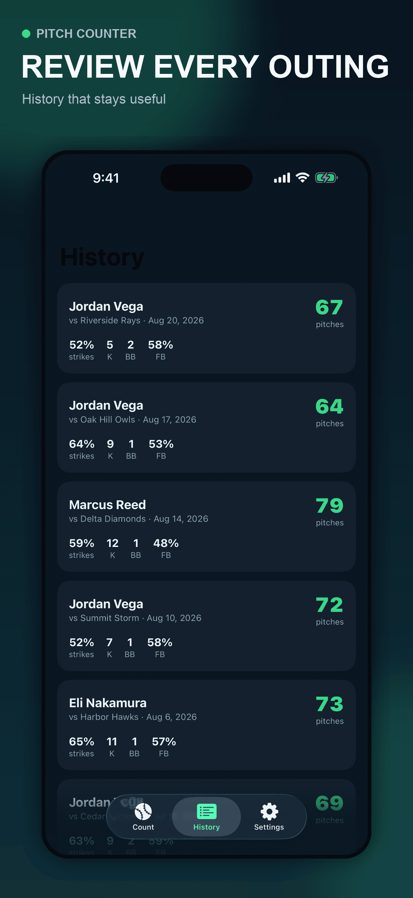 Pitch Counter completed baseball outing history on iPhone