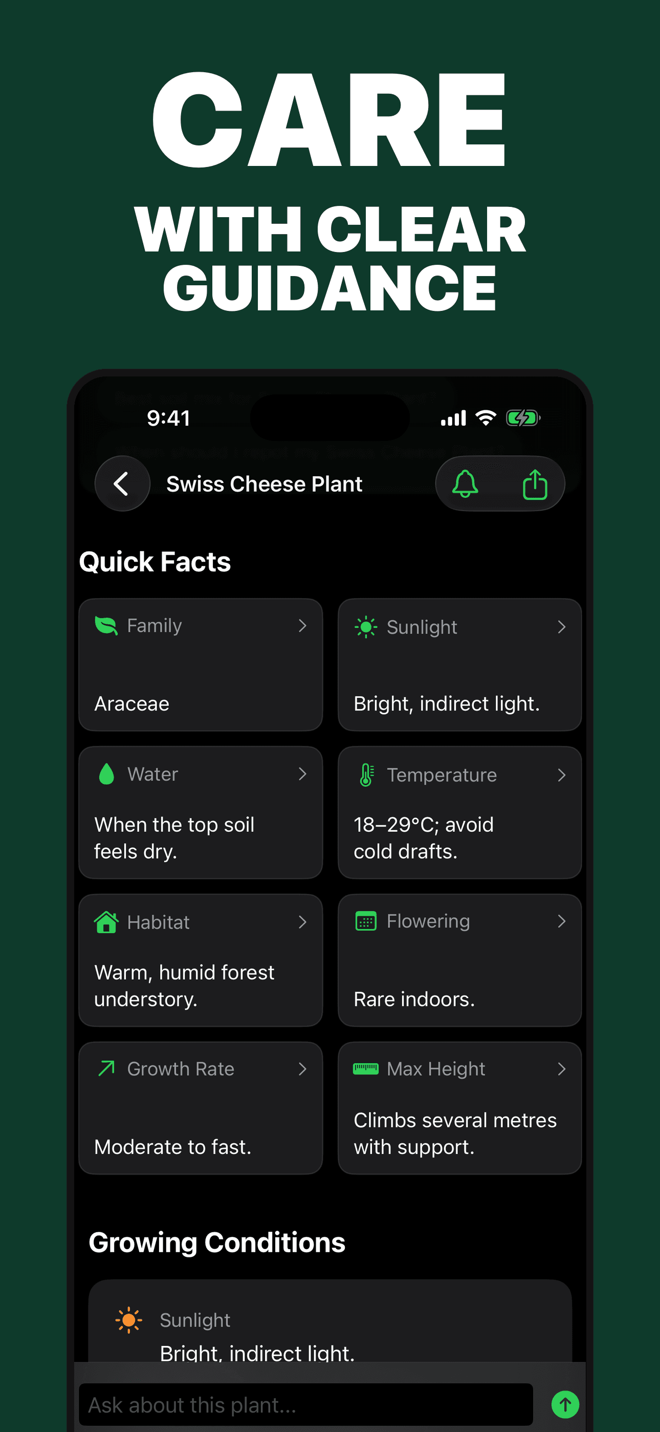 Plant ID and Care Guide light water temperature and growth reference on iPhone
