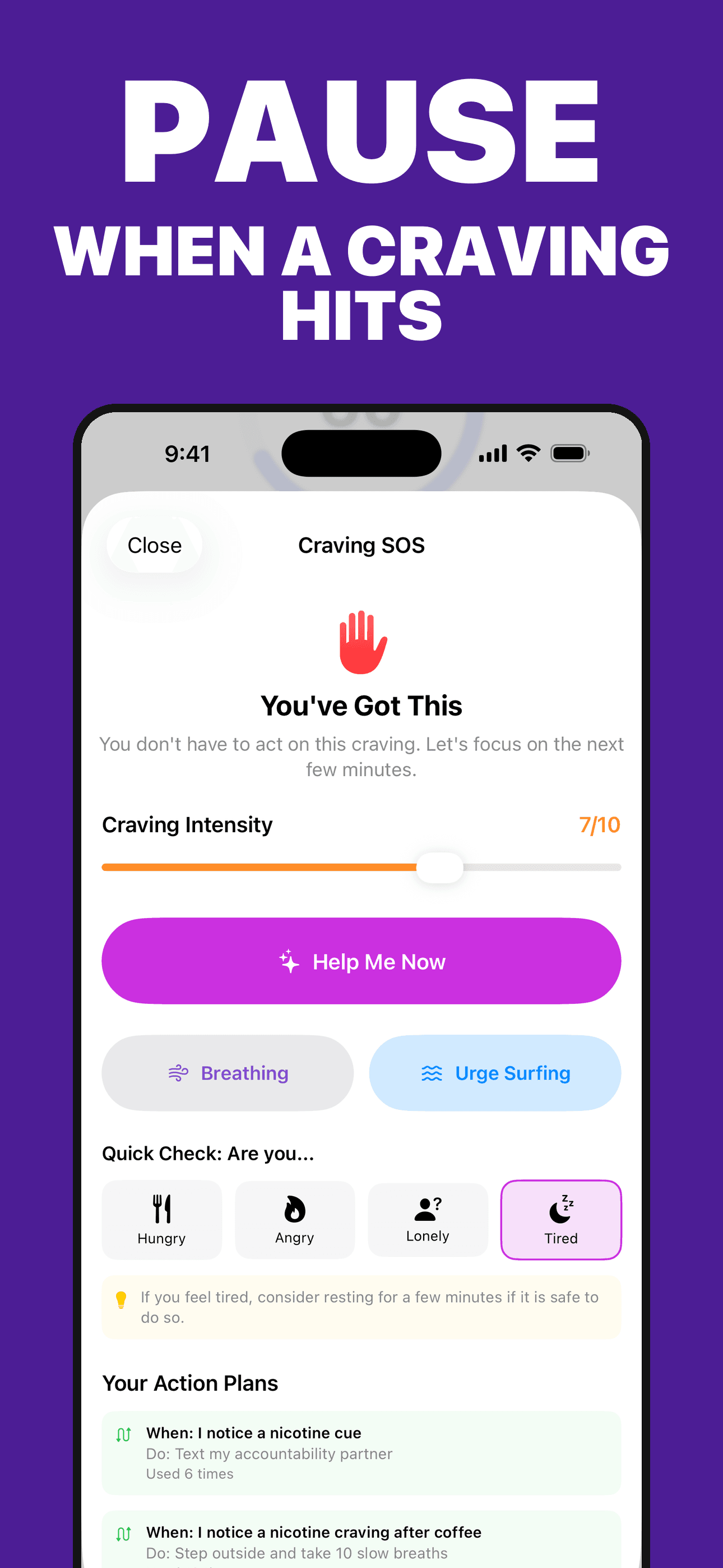 QuitAddiction craving SOS tools on iPhone