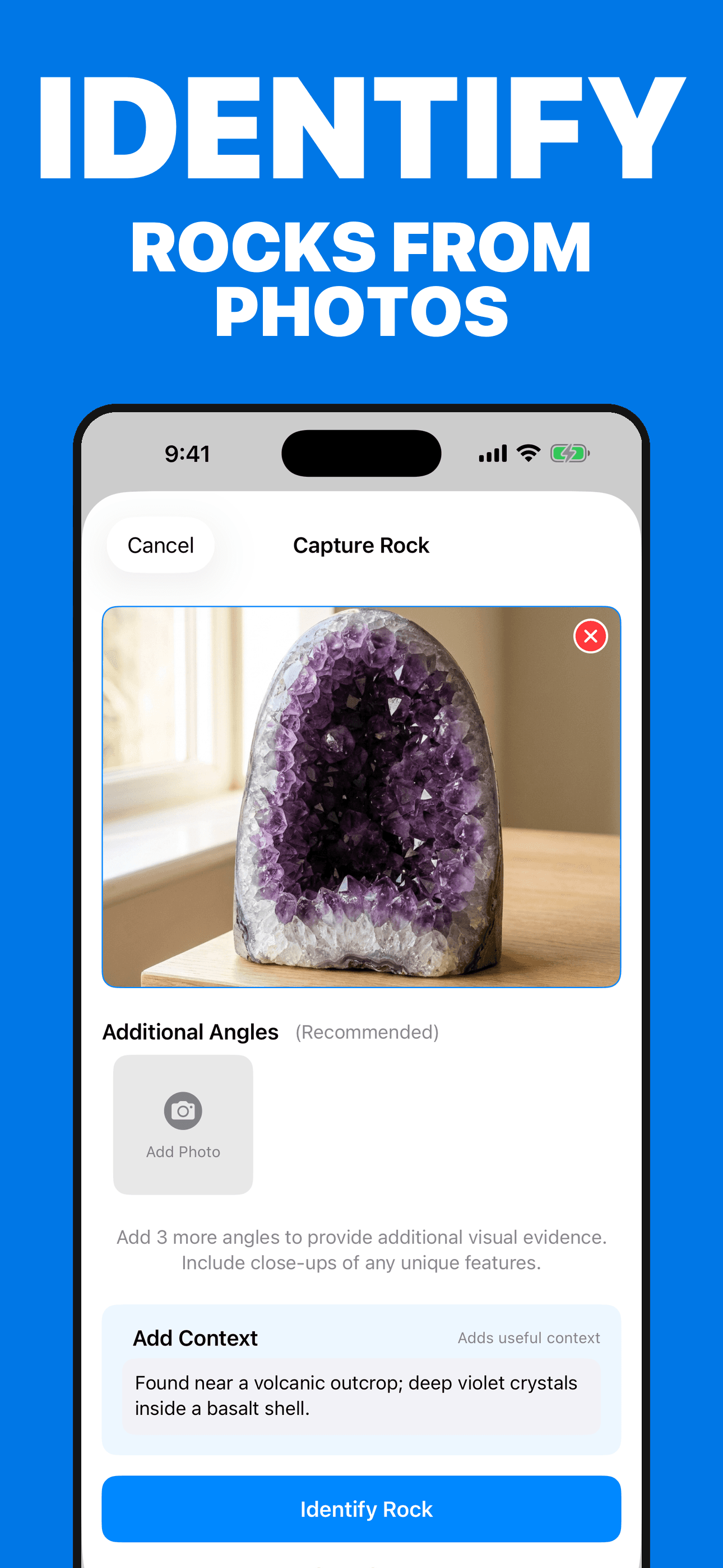 Rock Identifier multi-photo specimen workflow on iPhone