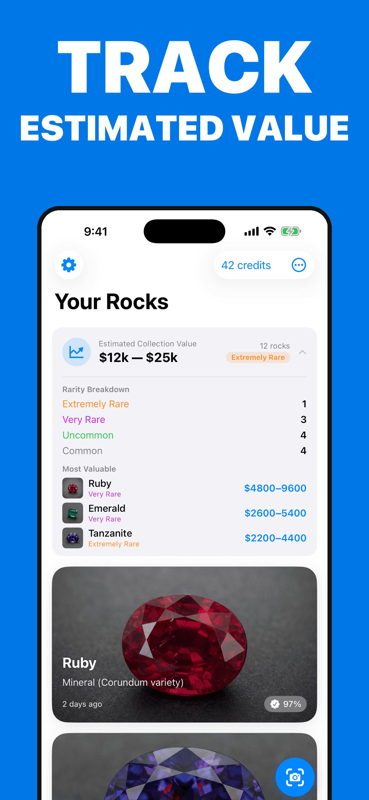 Rock Identifier collection screen with clearly qualified estimated value context on iPhone
