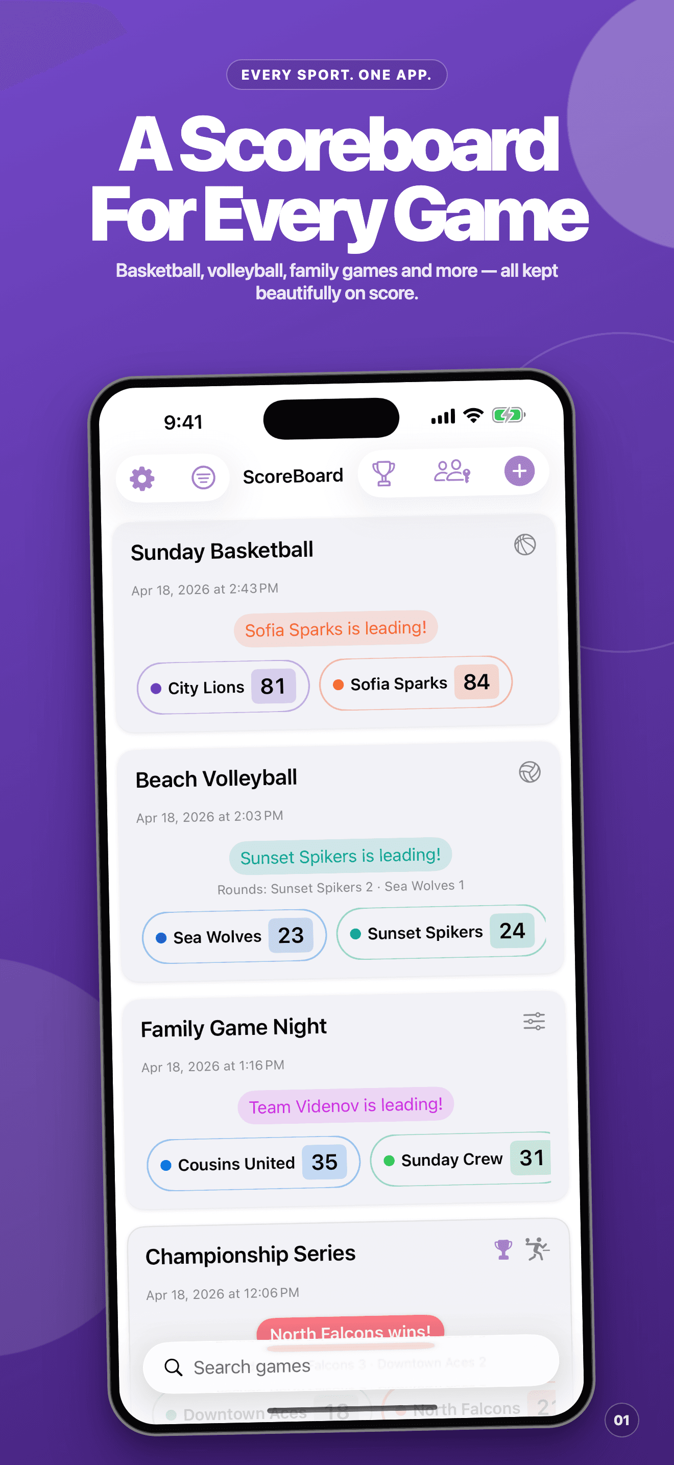 ScoreBoard home screen with scoreboards for different sports and games on iPhone