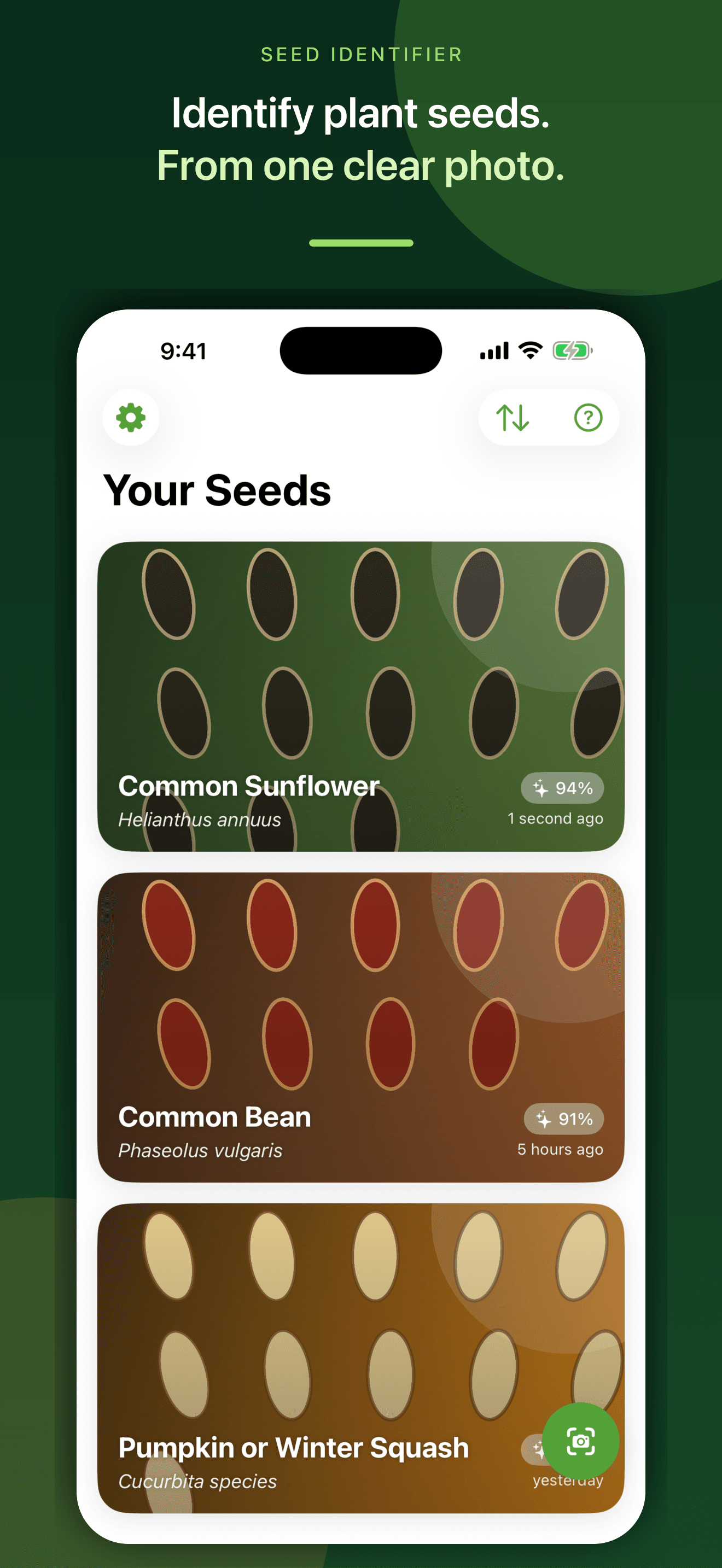 Seed Identifier private seed library with likely sunflower bean and squash matches on iPhone