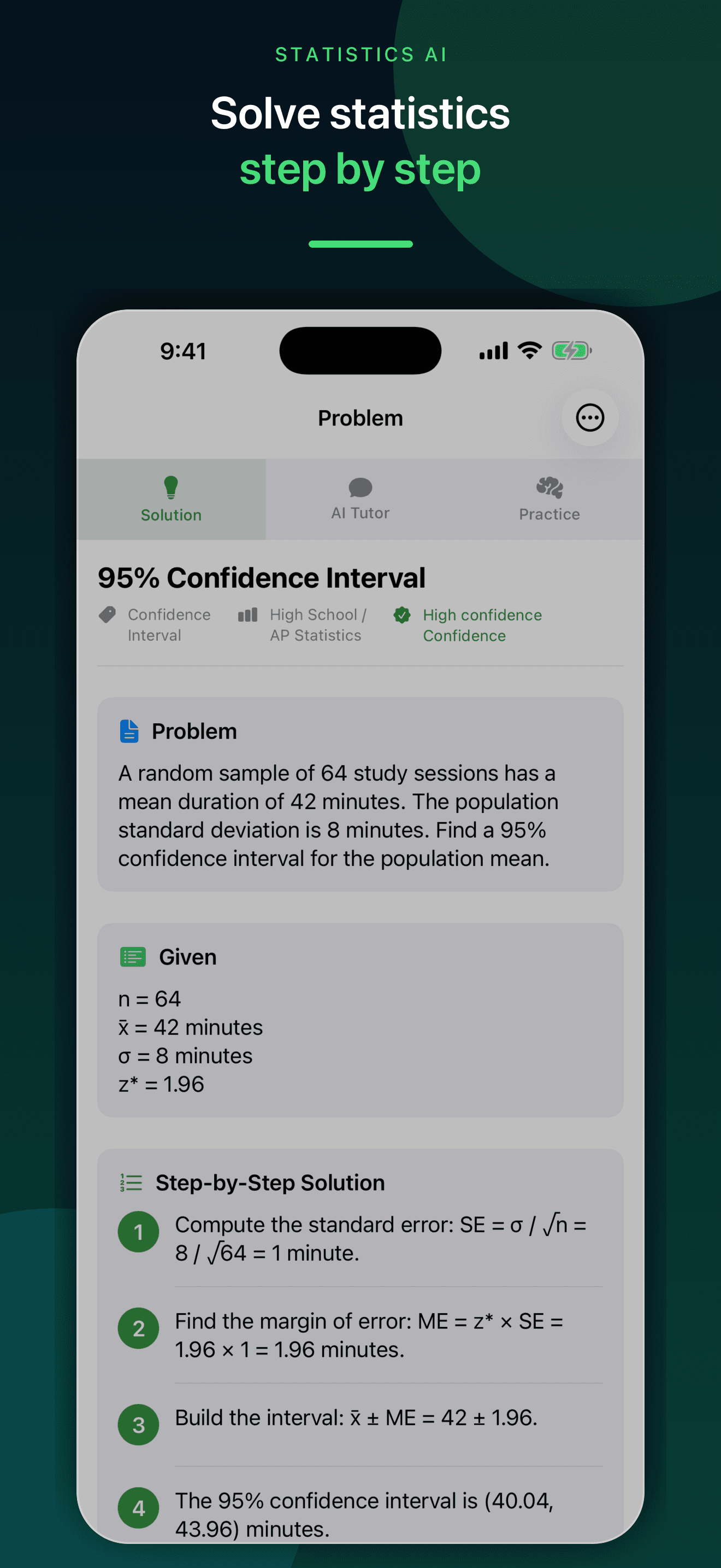 Statistics AI worked confidence interval problem with givens and numbered reasoning on iPhone
