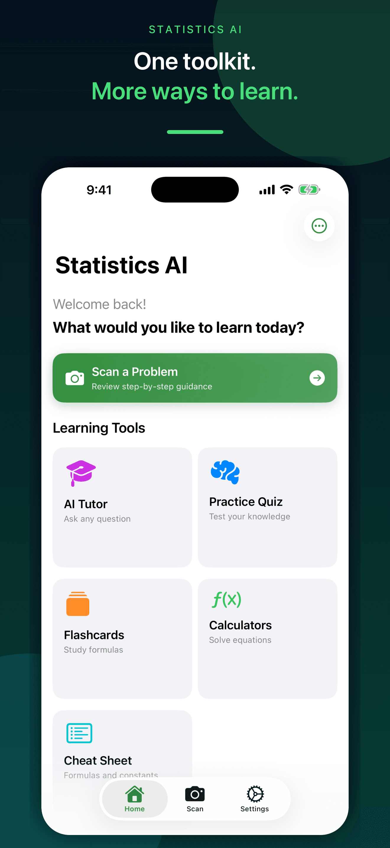 Statistics AI study toolkit with tutor, quizzes, flashcards, calculators, and reference sheets on iPhone