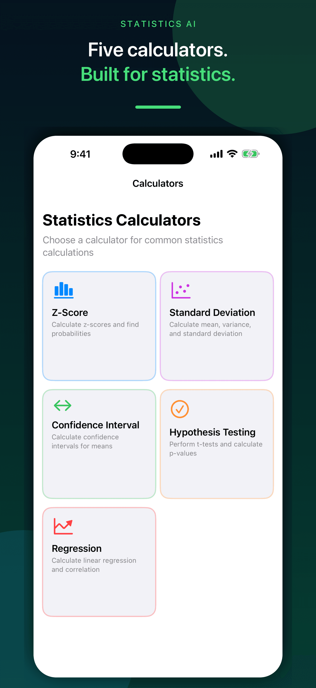 Statistics AI z-score, standard deviation, confidence interval, hypothesis test, and regression calculators on iPhone