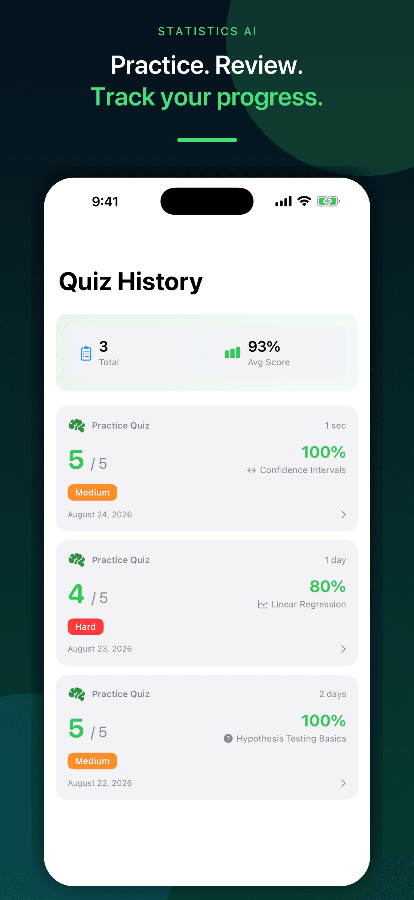 Statistics AI quiz scores and practice history for confidence intervals, regression, and hypothesis testing on iPhone