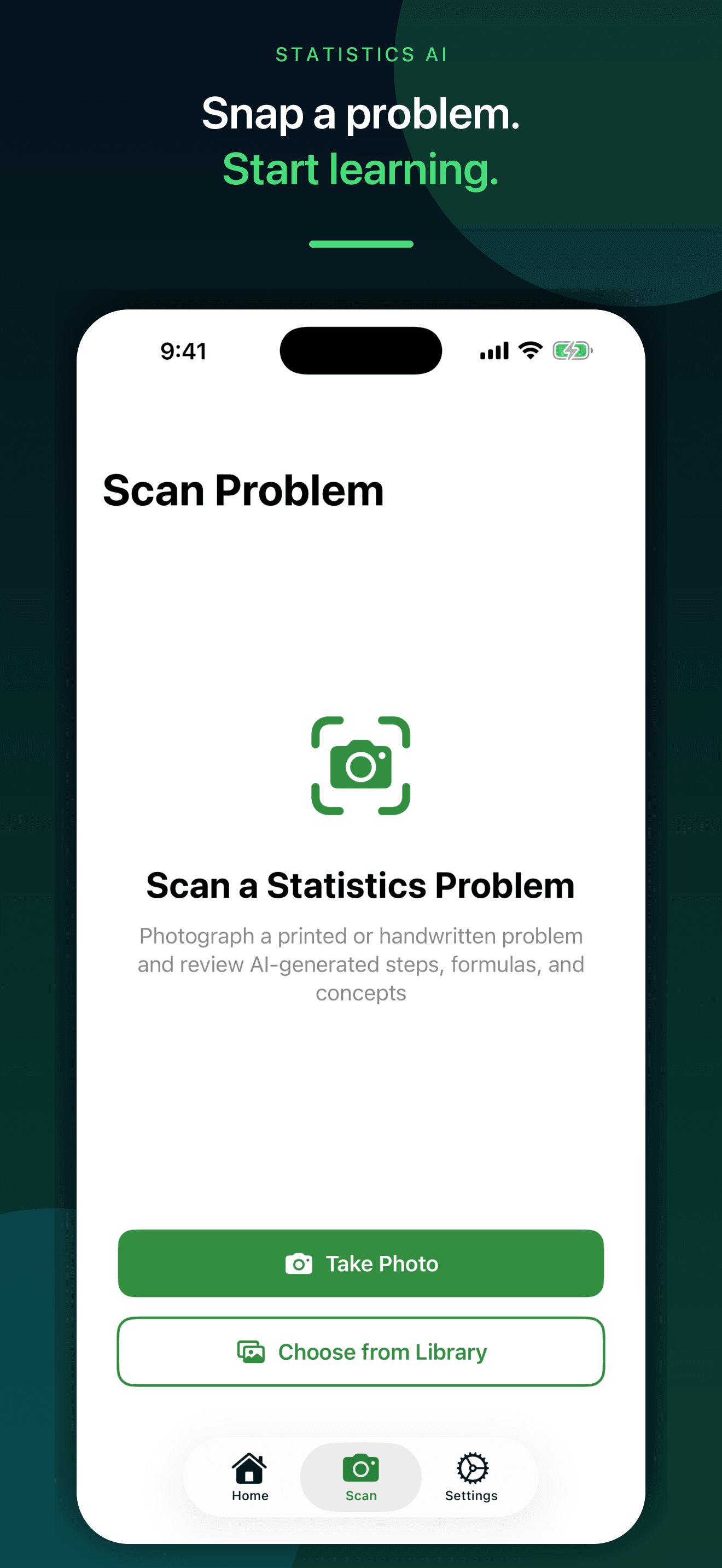 Statistics AI photo scanner prepared to capture a complete printed or handwritten statistics problem on iPhone