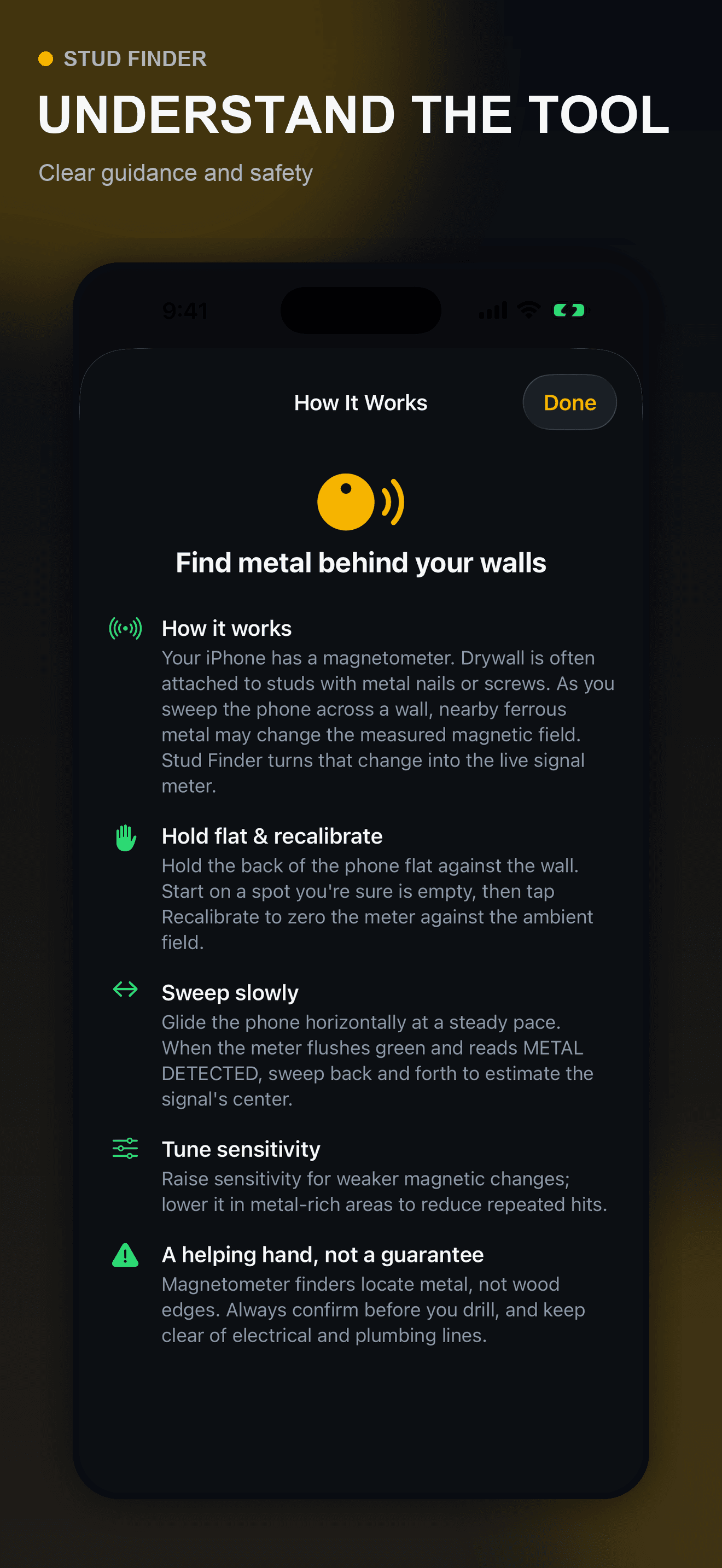 Stud Finder iPhone guidance explaining magnetic fastener clues and wall-scanning limitations