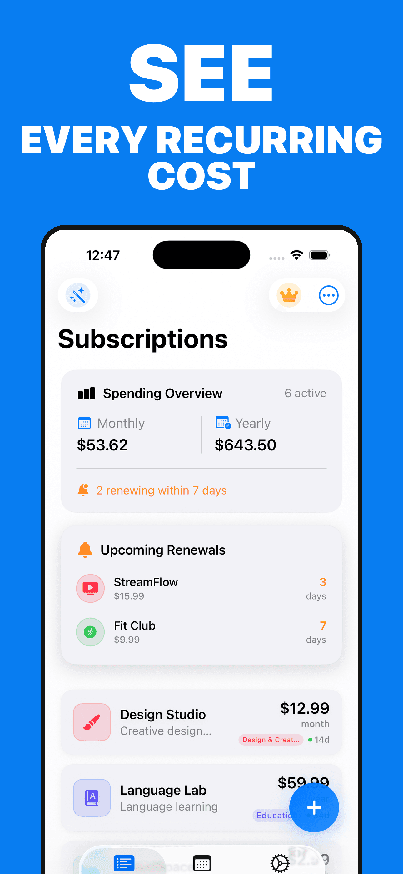 Subscriptions Manager spending overview and upcoming renewals on iPhone